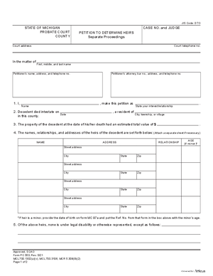 Thumbnail of Michigan Form Petition To Determine Heirs, Separate Proceedings