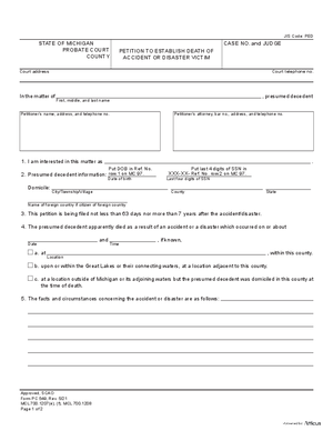 Thumbnail of Michigan Form Petition To Establish Death Of Accident Or Disaster Victim