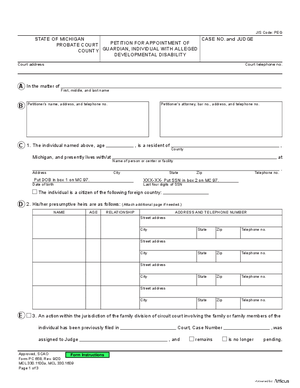 Thumbnail of Michigan Form Petition For Appointment Of Guardian, Individual With Alleged Developmental Disability