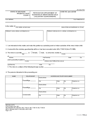 Thumbnail of Michigan Form Petition For Appointment Of Guardian Of Minor Indian Child (Voluntary Guardianship)
