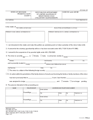 Thumbnail of Michigan Form Petition For Appointment Of Limited Guardian Of Minor Indian Child (Voluntary Guardianship)