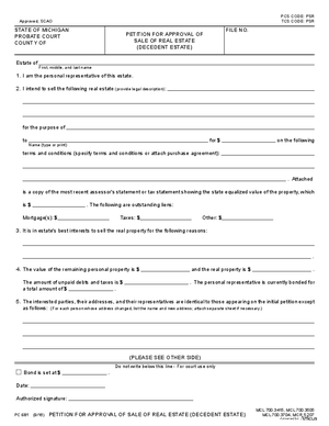 Thumbnail of Michigan Form Petition For Approval Of Sale Of Real Estate (Decedent Estate)