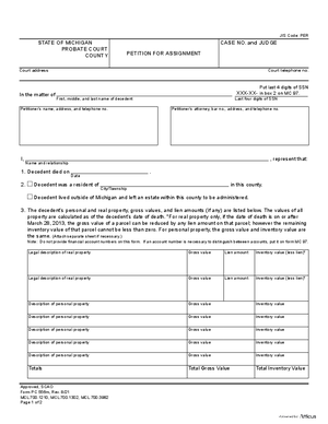Thumbnail of Michigan Form Petition For Assignment