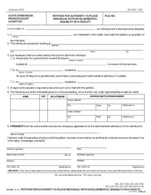 Thumbnail of Michigan Form Petition For Authority To Place Individual With Developmental Disability In A Facility