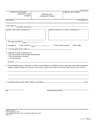 Thumbnail of Michigan Form Petition For Change Of Venue