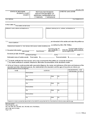 Thumbnail of Michigan Form Petition For Probate And/or Appointment Of Personal Representative (Testate/intestate)