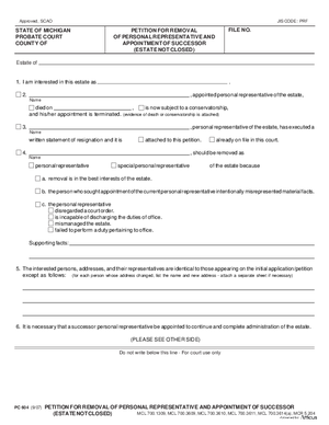 Thumbnail of Michigan Form Petition For Removal Of Personal Representative And Appointment Of Successor (Estate Not Closed)
