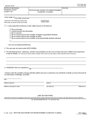 Thumbnail of Michigan Form Petition And Order For Reinstatement (Case Not Closed)