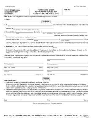 Thumbnail of Michigan Form Petition And Order To Open Safe-deposit Box To Locate Will Or Burial Deed