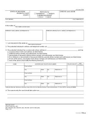 Thumbnail of Michigan Form Petition To Terminate/modify Conservatorship