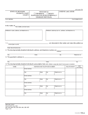 Thumbnail of Michigan Form Petition To Terminate/modify Guardian For Developmentally Disabled Individual