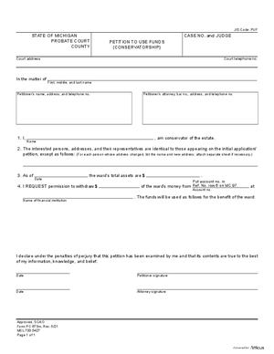 Thumbnail of Michigan Form Petition To Use Funds (Conservatorship)