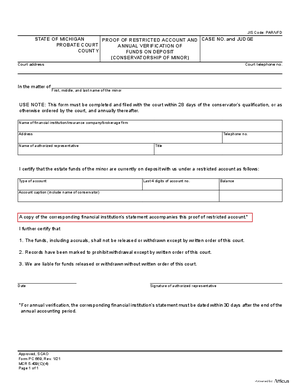 Thumbnail of Michigan Form Proof Of Restricted Account And Annual Verification Of Funds On Deposit (Conservatorship Of Minor)