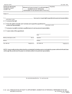 Thumbnail of Michigan Form Renunciation Of Right To Appointment, Nomination Of Personal Representative And Waiver Of Notice