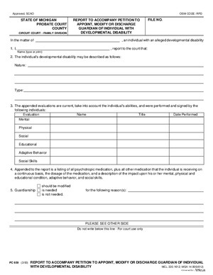 Thumbnail of Michigan Form Report To Accompany Petition To Appoint, Modify, Or Discharge Guardian Of Individual With Developmental Disability