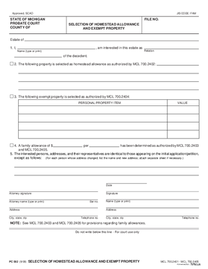 Thumbnail of Michigan Form Selection Of Homestead Allowance And Exempt Property