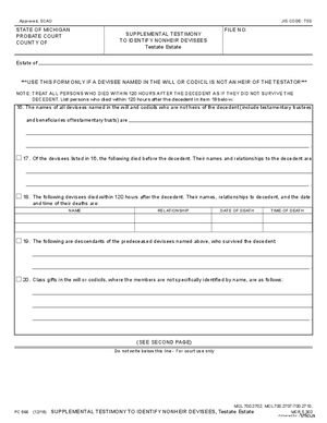 Thumbnail of Michigan Form Supplemental Testimony To Identify Nonheir Devisees, Testate Estate