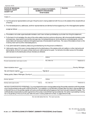 Thumbnail of Michigan Form Sworn Closing Statement, Summary Proceeding,  Small Estates