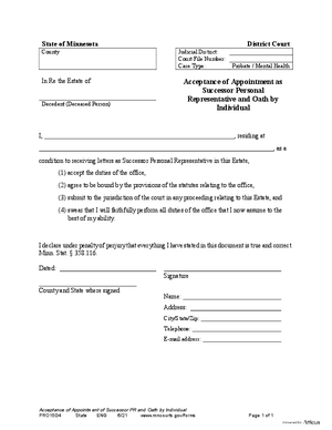 Thumbnail of Minnesota Form Acceptance Of Appointment As Successor Personal Representative And Oath By Individual
