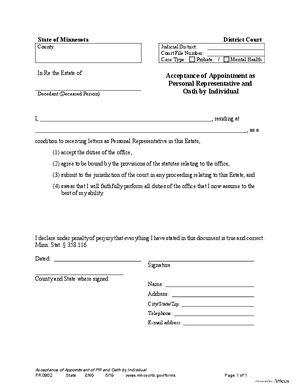 Thumbnail of Minnesota Form Acceptance Of Appointment Of Personal Representative And Oath By Individual