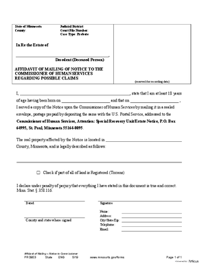 Thumbnail of Minnesota Form Affidavit Of Mailing Of Notice To The Commissioner Of Human Services Regarding Possible Claims