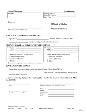 Thumbnail of Minnesota Form Affidavit Of Mailing - Objection (Probate)