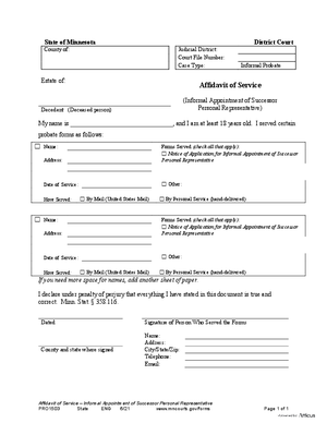 Thumbnail of Minnesota Form Affidavit Of Service (Informal Appointment Of Successor Personal Representative)