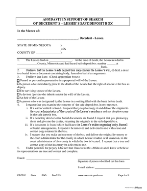 Thumbnail of Minnesota Form Affidavit In Support Of Search Of Decedent’s Safe Deposit Box