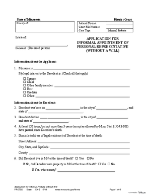 Thumbnail of Minnesota Form Application For Informal Appointment Of Personal Representative (Without A Will)