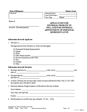 Thumbnail of Minnesota Form Application For Informal Probate Of Will And For Informal Appointment Of Personal Representative