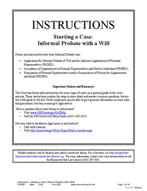 Thumbnail of Minnesota Form Instructions – Starting A Case: Informal Probate With A Will