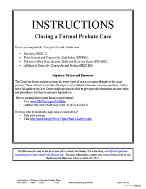 Thumbnail of Minnesota Form Instructions - Closing A Formal Probate Case