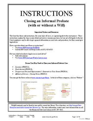 Thumbnail of Minnesota Form Instructions - Closing An Informal Probate (With Or Without A Will)