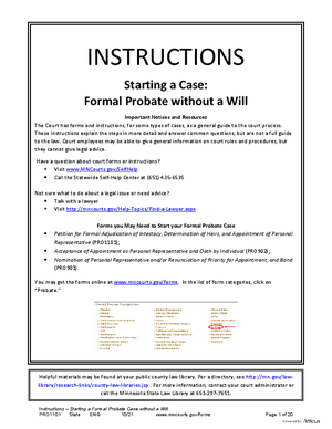 Thumbnail of Minnesota Form Instructions - Starting A Case: Formal Probate Without A Will