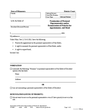 Thumbnail of Minnesota Form Nomination Of Personal Representative And/or Renunciation Of Priority For Appointment, And Bond