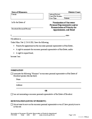 Thumbnail of Minnesota Form Nomination Of Successor Personal Representative And/or Renunciation Of Priority For Appointment, And Bond