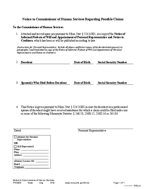 Thumbnail of Minnesota Form Notice To Commissioner Of Human Services Regarding Possible Claims