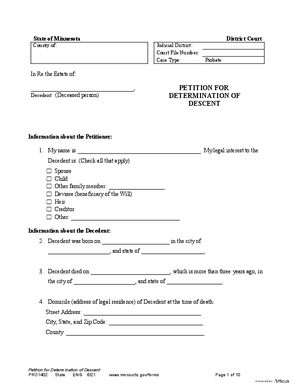 Thumbnail of Minnesota Form Petition For Determination Of Descent