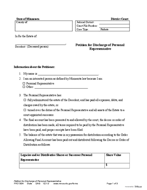 Thumbnail of Minnesota Form Petition For Discharge Of Personal Representative