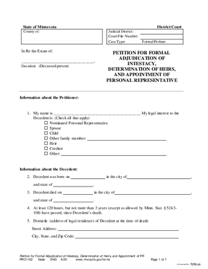 Thumbnail of Minnesota Form Petition For Formal Adjudication Of Intestacy, Determination Of Heirs, And Appointment Of Personal Representative