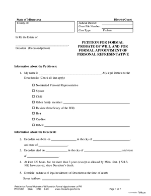 Thumbnail of Minnesota Form Petition For Formal Probate Of Will And For Formal Appointment Of Personal Representative