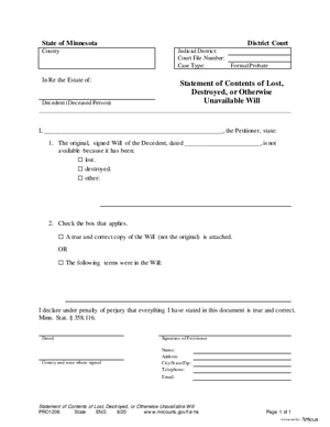 Thumbnail of Minnesota Form Statement Of Contents Of Lost, Destroyed, Or Otherwise Unavailable Will