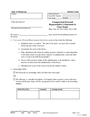 Thumbnail of Minnesota Form Unsupervised Personal Representative's Statement To Close Estate