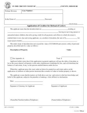 Thumbnail of Missouri Form Pr 23 Application Of Creditor For Refusal Of Letters