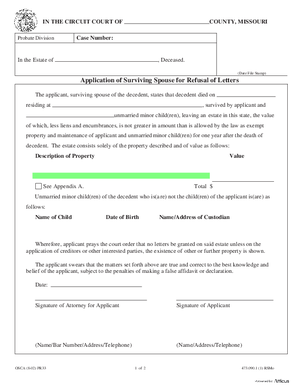 Thumbnail of Missouri Form Pr 33 Application Of Surviving Spouse For Refusal Of Letters