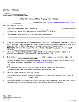Thumbnail of Nebraska Form Affidavit For Transfer Of Real Property Without Probate