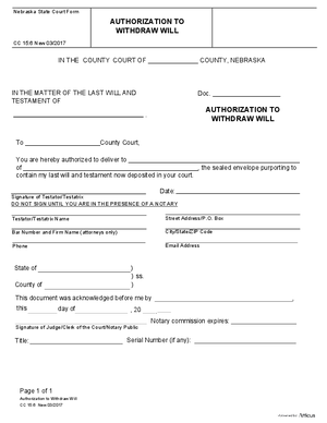 Thumbnail of Nebraska Form Authorization To Withdraw Will