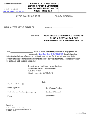 Thumbnail of Nebraska Form Certificate Of Mailing A Notice Of Filing A Petition For The Determination Of Inheritance Tax
