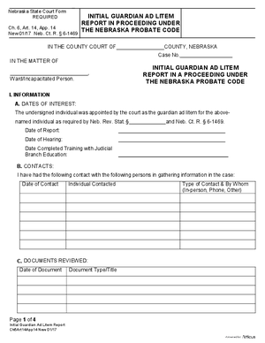 Thumbnail of Nebraska Form Initial Guardian Ad Litem Report In Proceeding Under The Nebraska Probate Code