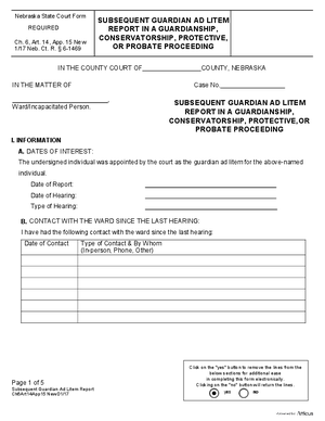 Thumbnail of Nebraska Form Subsequent Guardian Ad Litem Report In A Guardianship, Conservatorship, Protective Or Probate Proceeding